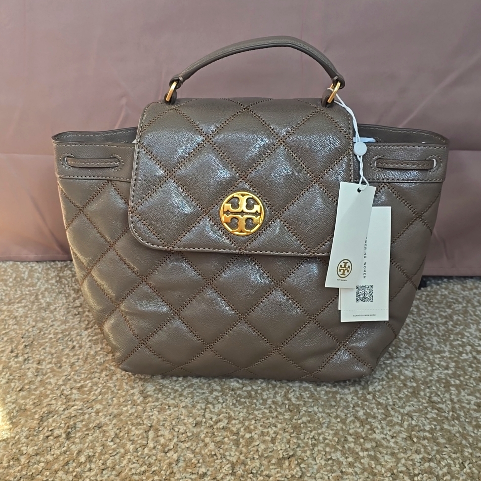Nwt Tory Burch Willa Quilted Logo Small Backpack In Roasted Almond